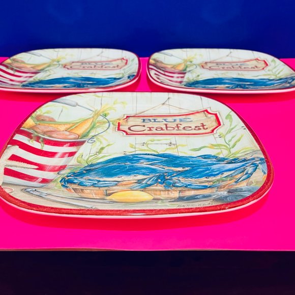 NEW… Set of Three Blue Crabfest Plates, Certified International ~ Kate McRostie - Picture 5 of 13